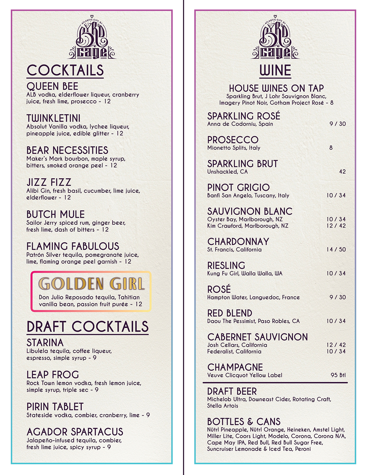 The ByrdCage Cocktail Menu